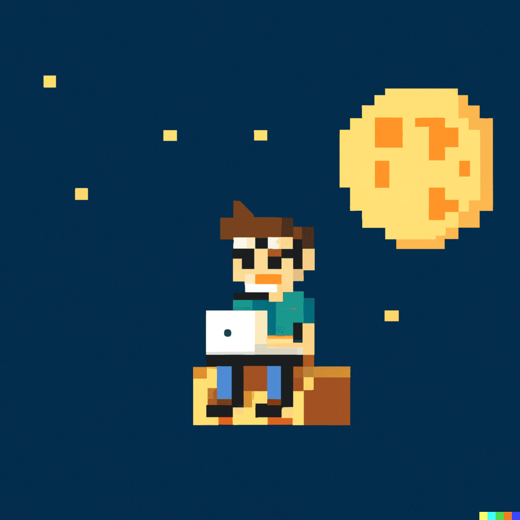 Autoportrait en pixel art : Kevin, lunettes et ordinateur portable, assis sur une caisse sous une lune dorée.